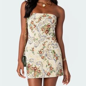 EDIKTED Floral Tapestry Lace-Up Back Strapless Minidress